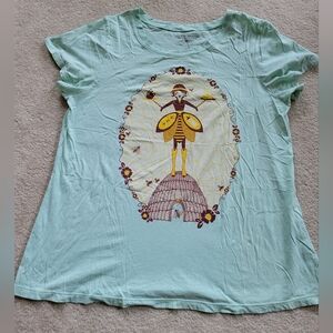 Modcloth Mint Green T-Shirt with Beekeeper Girl Print Sz 1X Bee Honey